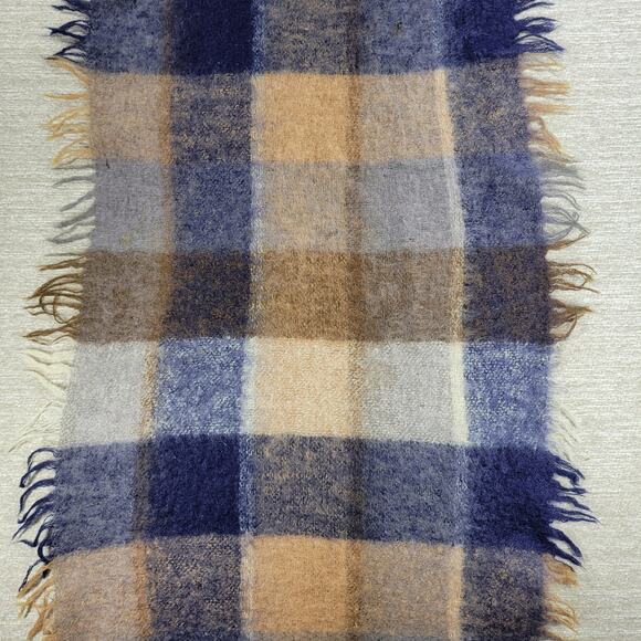 Avoca Hand Weavers Lap Blanket Scarf Shawl Brown Blue Wool Mohair Plaid Fringe - Picture 3 of 16